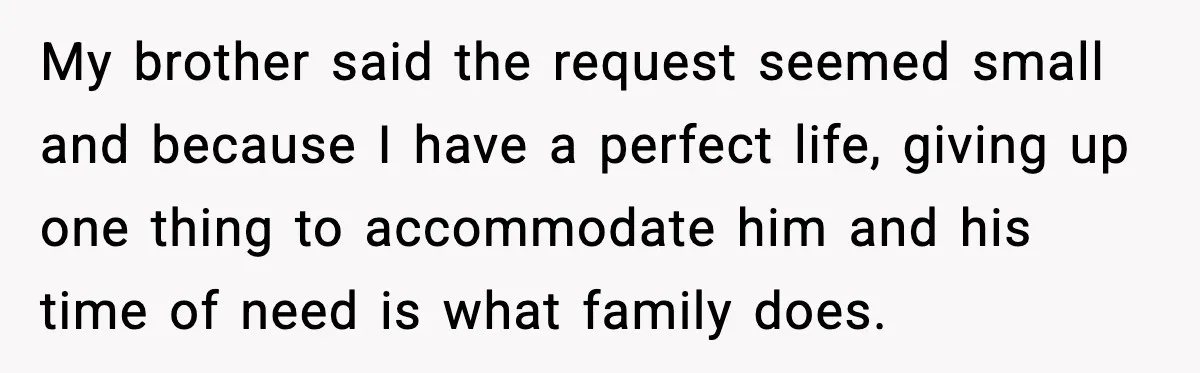 My brother said the request seemed small and because I have a perfect life, giving up one thing to accommodate him and his time of need is what family does.