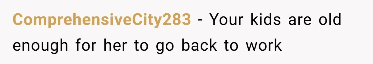 ComprehensiveCity283 − Your kids are old enough for her to go back to work
