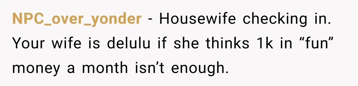 NPC_over_yonder − Housewife checking in. Your wife is delulu if she thinks 1k in “fun” money a month isn’t enough.