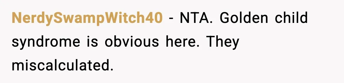 NerdySwampWitch40 - NTA. Golden child syndrome is obvious here. They miscalculated.