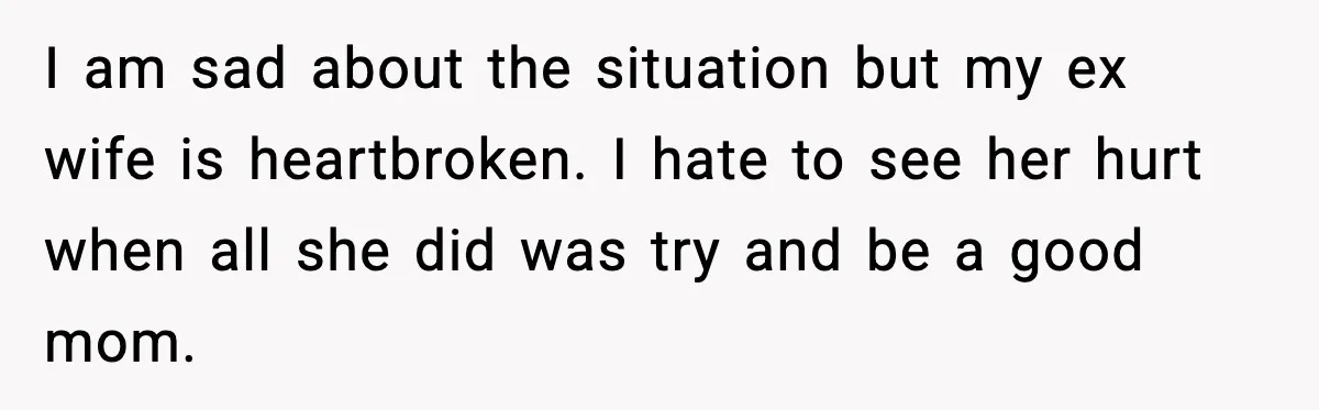I am sad about the situation but my ex wife is heartbroken. I hate to see her hurt when all she did was try and be a good mom.