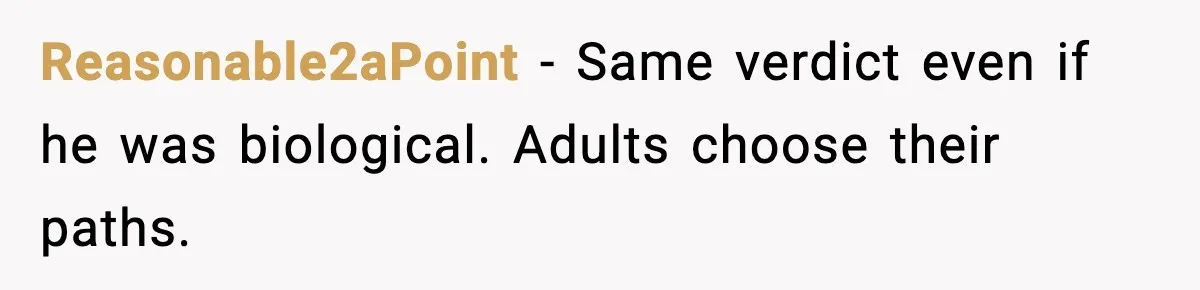 Reasonable2aPoint - Same verdict even if he was biological. Adults choose their paths.
