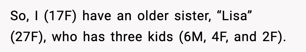So, I (17F) have an older sister, “Lisa” (27F), who has three kids (6M, 4F, and 2F).