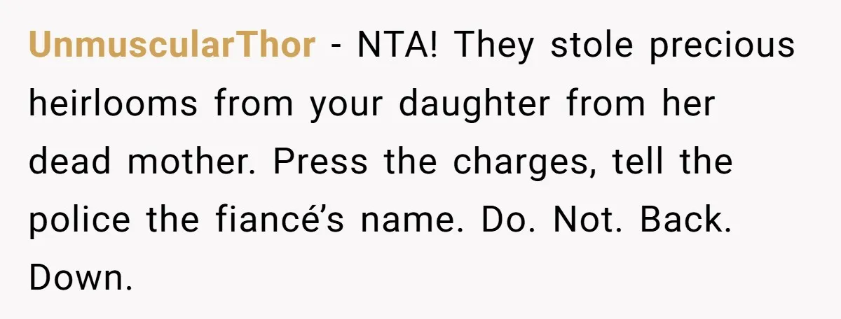 UnmuscularThor − NTA! They stole precious heirlooms from your daughter from her dead mother. Press the charges, tell the police the fiancé’s name. Do. Not. Back. Down.