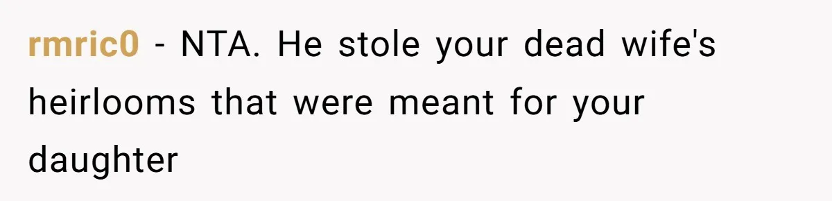 rmric0 − NTA. He stole your dead wife's heirlooms that were meant for your daughter