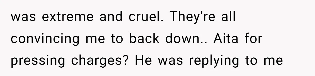 was extreme and cruel. They're all convincing me to back down.. Aita for pressing charges? He was replying to me