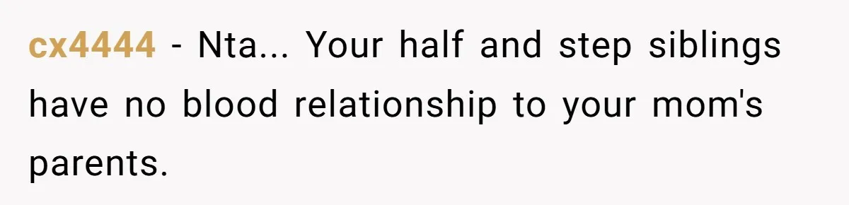 cx4444 − Nta... Your half and step siblings have no blood relationship to your mom's parents.