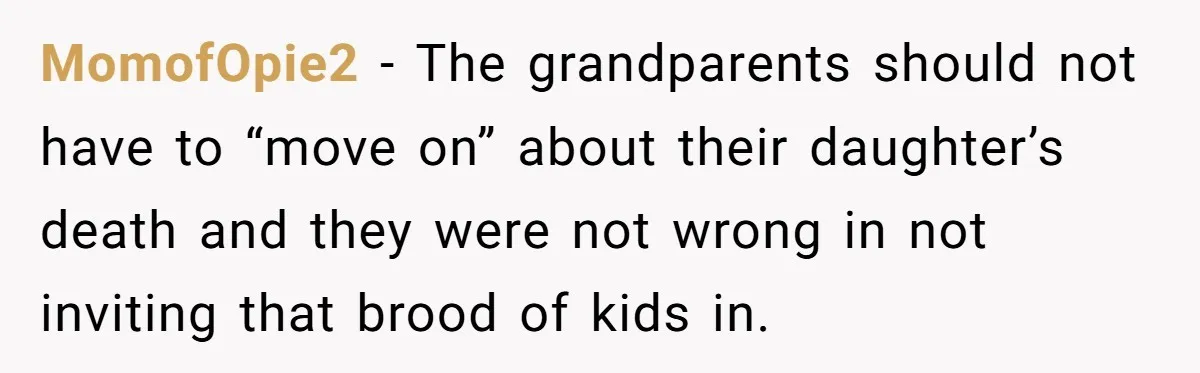 MomofOpie2 − The grandparents should not have to “move on” about their daughter’s death and they were not wrong in not inviting that brood of kids in.
