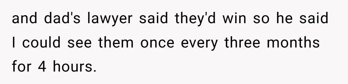 and dad's lawyer said they'd win so he said I could see them once every three months for 4 hours.