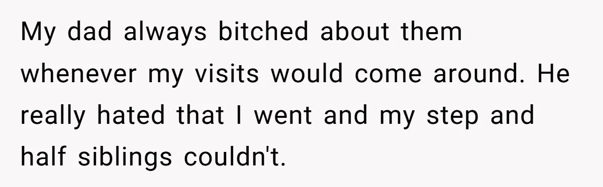My dad always bitched about them whenever my visits would come around. He really hated that I went and my step and half siblings couldn't.
