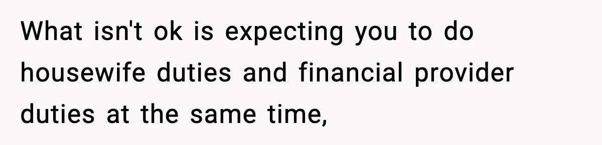 What isn't ok is expecting you to do housewife duties and financial provider duties at the same time,