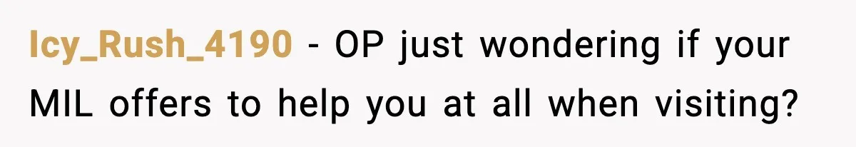 Icy_Rush_4190 − OP just wondering if your MIL offers to help you at all when visiting?