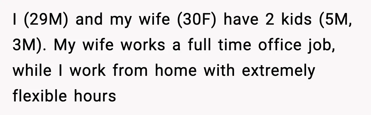 I (29M) and my wife (30F) have 2 kids (5M, 3M). My wife works a full time office job, while I work from home with extremely flexible hours
