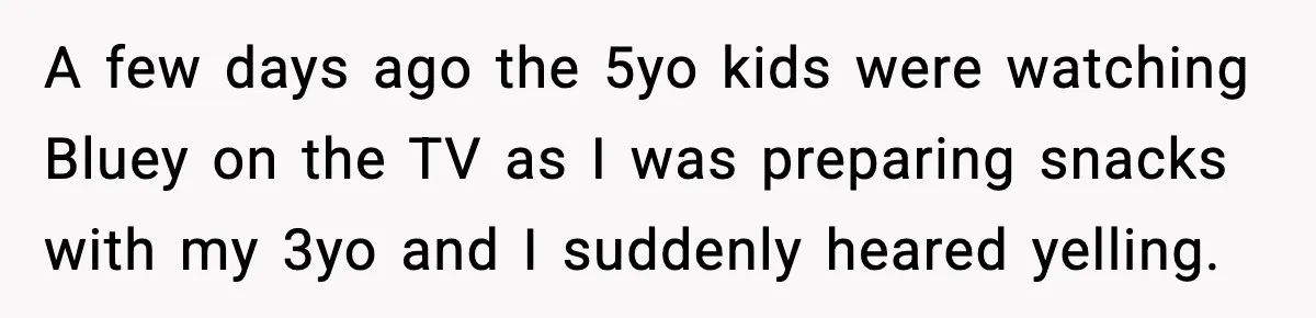 A few days ago the 5yo kids were watching Bluey on the TV as I was preparing snacks with my 3yo and I suddenly heared yelling.
