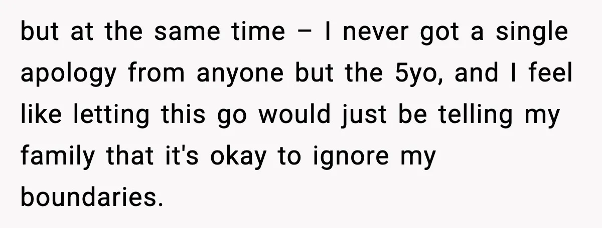 but at the same time – I never got a single apology from anyone but the 5yo, and I feel like letting this go would just be telling my family...