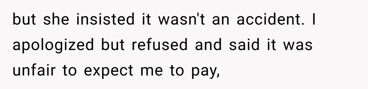 but she insisted it wasn't an accident. I apologized but refused and said it was unfair to expect me to pay,
