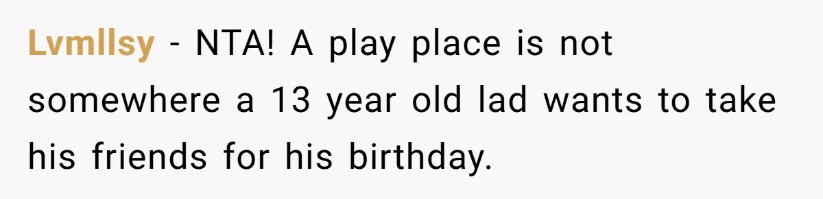 Lvmllsy − NTA! A play place is not somewhere a 13 year old lad wants to take his friends for his birthday.