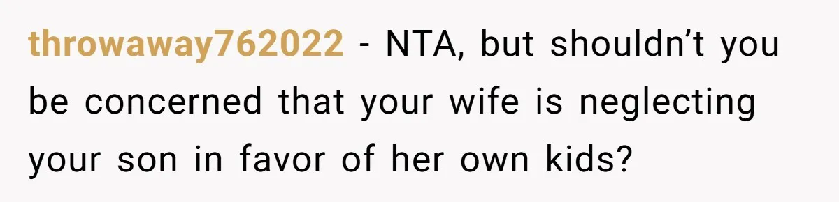 throwaway762022 − NTA, but shouldn’t you be concerned that your wife is neglecting your son in favor of her own kids?