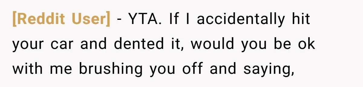 [Reddit User] − YTA. If I accidentally hit your car and dented it, would you be ok with me brushing you off and saying,