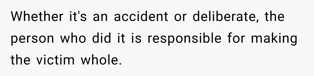 Whether it's an accident or deliberate, the person who did it is responsible for making the victim whole.