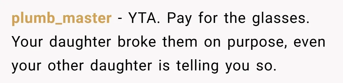 plumb_master − YTA. Pay for the glasses. Your daughter broke them on purpose, even your other daughter is telling you so.