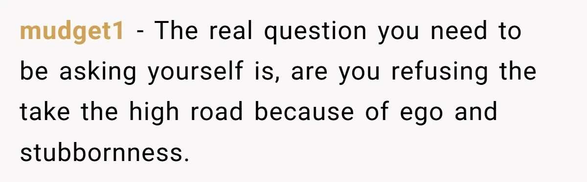 mudget1 − The real question you need to be asking yourself is, are you refusing the take the high road because of ego and stubbornness.