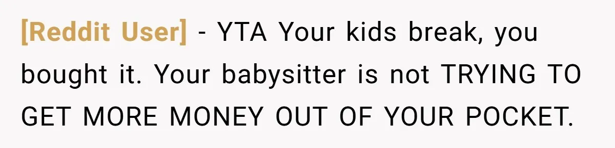 [Reddit User] − YTA Your kids break, you bought it. Your babysitter is not TRYING TO GET MORE MONEY OUT OF YOUR POCKET.