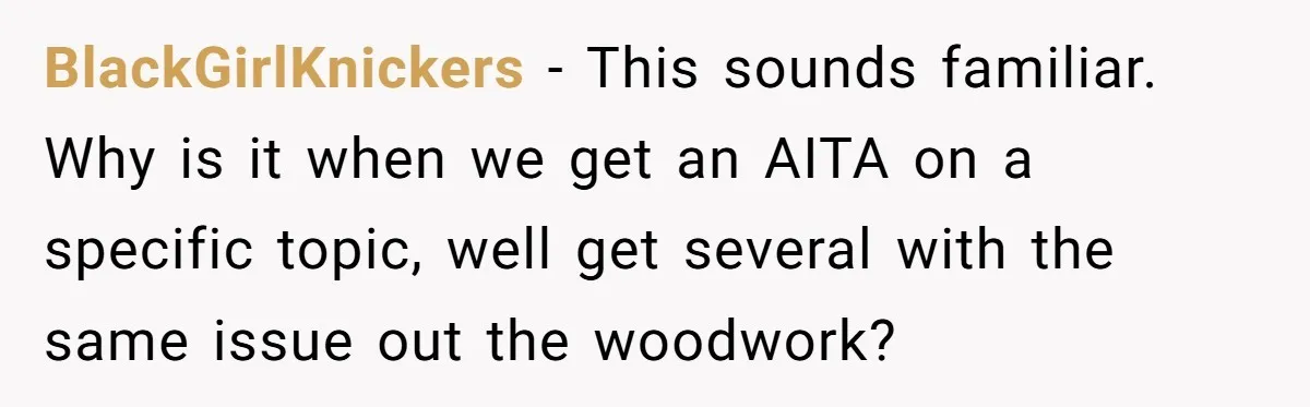 BlackGirlKnickers − This sounds familiar. Why is it when we get an AITA on a specific topic, well get several with the same issue out the woodwork?