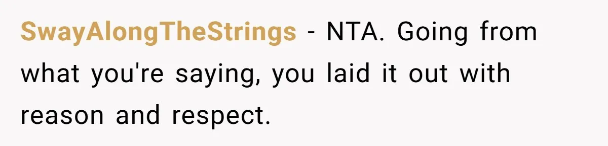 SwayAlongTheStrings − NTA. Going from what you're saying, you laid it out with reason and respect.