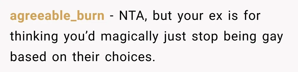agreeable_burn − NTA, but your ex is for thinking you’d magically just stop being gay based on their choices.