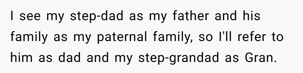 I see my step-dad as my father and his family as my paternal family, so I'll refer to him as dad and my step-grandad as Gran.