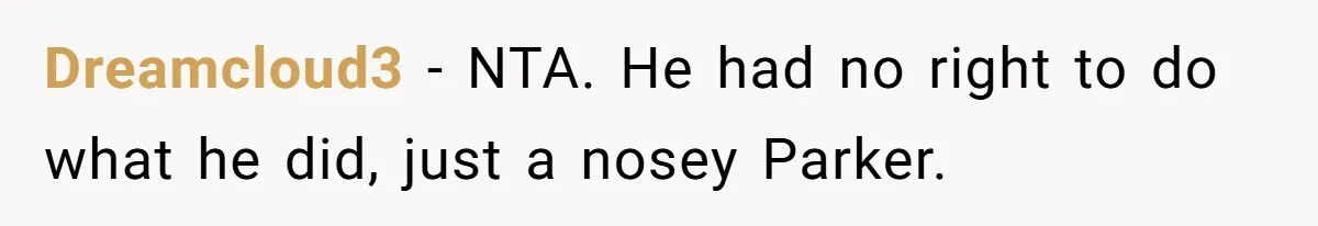 Dreamcloud3 − NTA. He had no right to do what he did, just a nosey Parker.