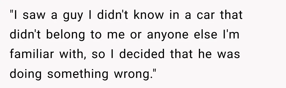 "I saw a guy I didn't know in a car that didn't belong to me or anyone else I'm familiar with, so I decided that he was doing something wrong."