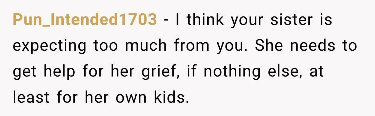 Pun_Intended1703 − I think your sister is expecting too much from you. She needs to get help for her grief, if nothing else, at least for her own kids.