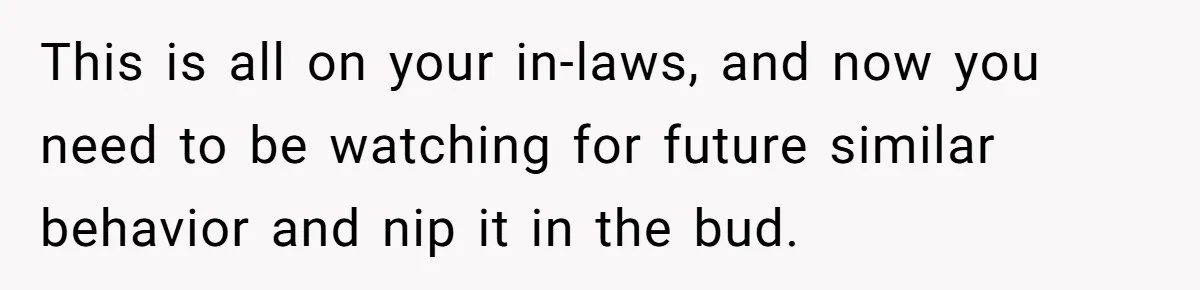 This is all on your in-laws, and now you need to be watching for future similar behavior and nip it in the bud.