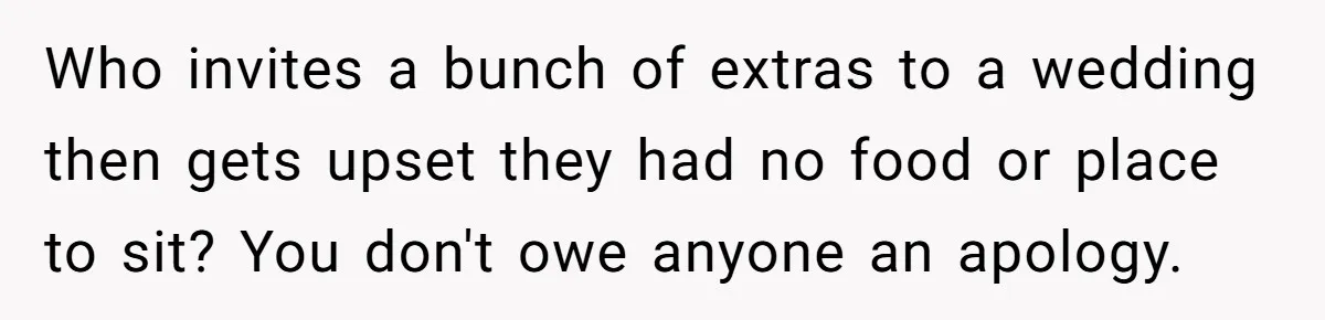 Who invites a bunch of extras to a wedding then gets upset they had no food or place to sit? You don't owe anyone an apology.