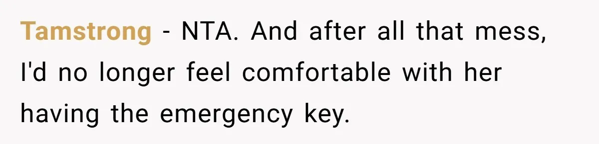 Tamstrong − NTA. And after all that mess, I'd no longer feel comfortable with her having the emergency key.