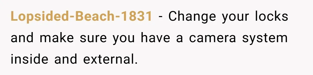 Lopsided-Beach-1831 − Change your locks and make sure you have a camera system inside and external.