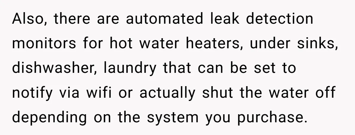 Also, there are automated leak detection monitors for hot water heaters, under sinks, dishwasher, laundry that can be set to notify via wifi or actually shut the water off depending...
