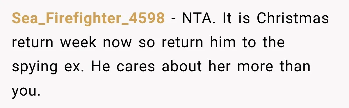 Sea_Firefighter_4598 − NTA. It is Christmas return week now so return him to the spying ex. He cares about her more than you.