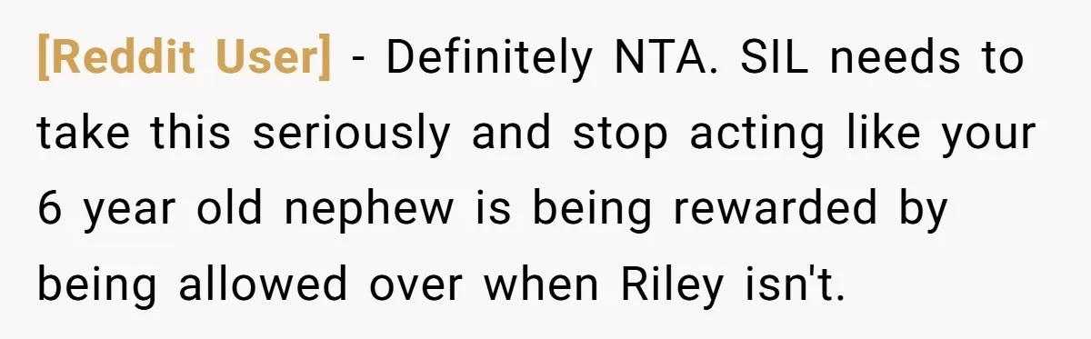 [Reddit User] − Definitely NTA. SIL needs to take this seriously and stop acting like your 6 year old nephew is being rewarded by being allowed over when Riley isn't.