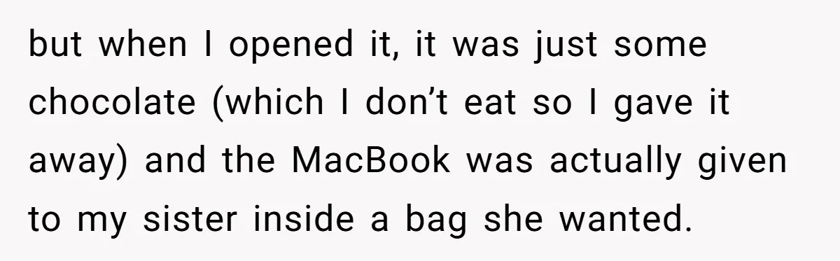 but when I opened it, it was just some chocolate (which I don’t eat so I gave it away) and the MacBook was actually given to my sister inside a...
