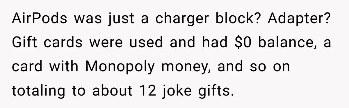 AirPods was just a charger block? Adapter? Gift cards were used and had $0 balance, a card with Monopoly money, and so on totaling to about 12 joke gifts.