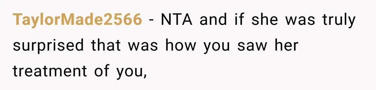 TaylorMade2566 − NTA and if she was truly surprised that was how you saw her treatment of you,