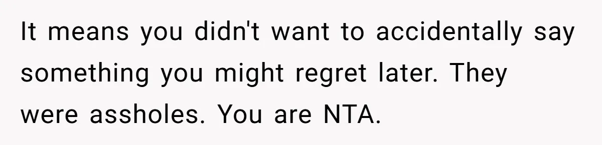 It means you didn't want to accidentally say something you might regret later. They were assholes. You are NTA.