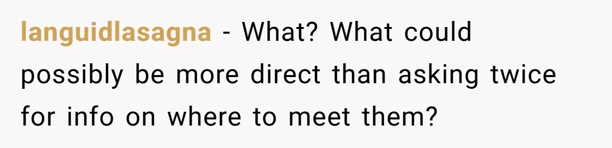 languidlasagna − What? What could possibly be more direct than asking twice for info on where to meet them?