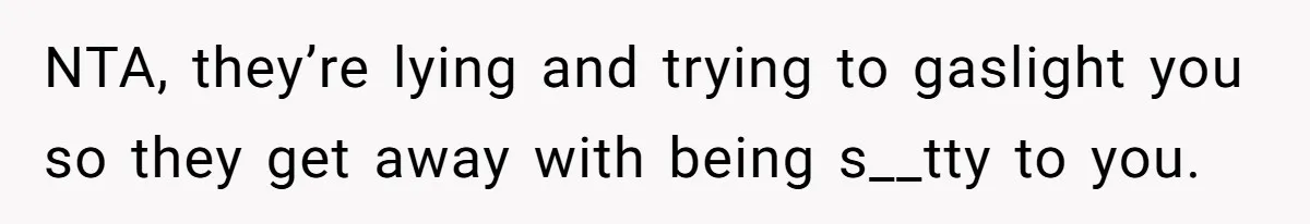 NTA, they’re lying and trying to gaslight you so they get away with being s__tty to you.