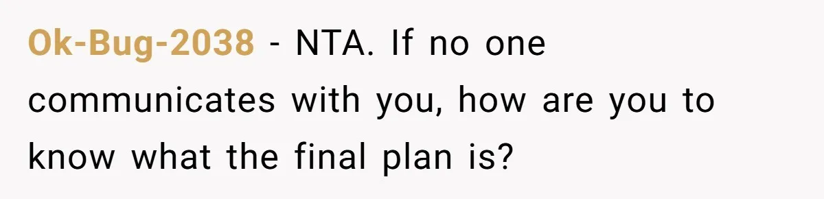 Ok-Bug-2038 − NTA. If no one communicates with you, how are you to know what the final plan is?