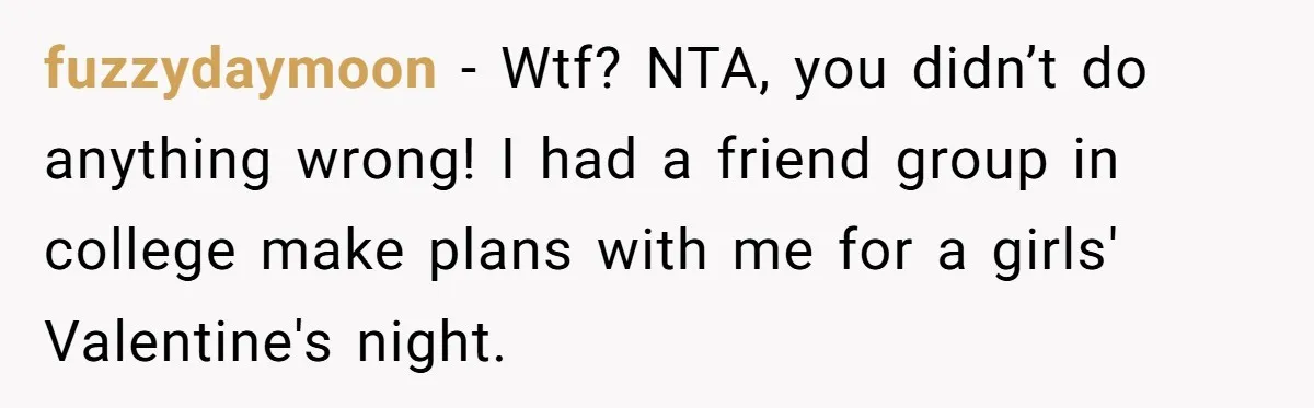 fuzzydaymoon − Wtf? NTA, you didn’t do anything wrong! I had a friend group in college make plans with me for a girls' Valentine's night.