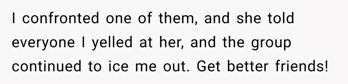 I confronted one of them, and she told everyone I yelled at her, and the group continued to ice me out. Get better friends!